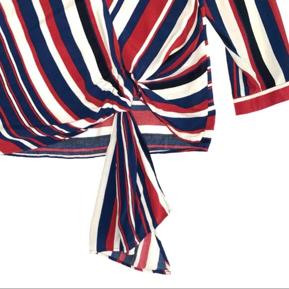 Zara Nautical Red White Blue Striped Drape Tie Waist V-Neck Top Size Small - Picture 4 of 12